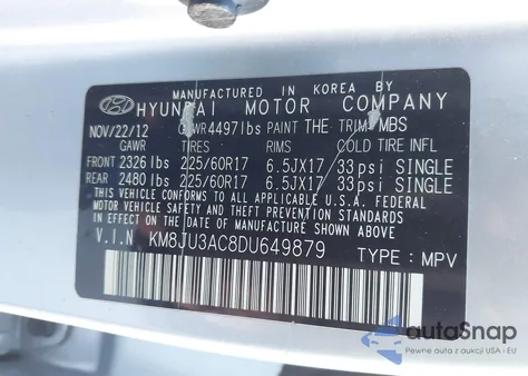 2013 Hyundai Tucson Gls z USA, uszkodzony, nr VIN KM8JU3AC8DU649879